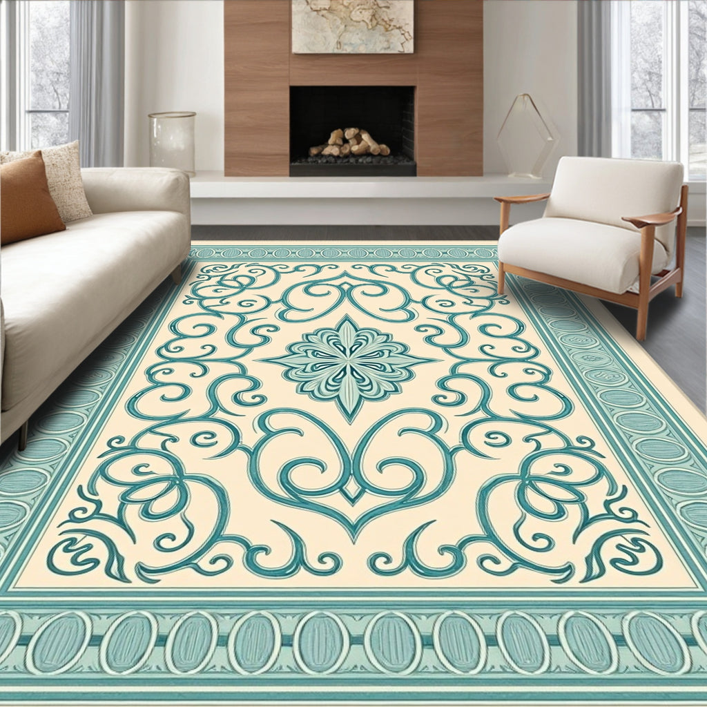 Teal Scrolling Vine Medallion Cream Rug