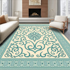 Teal Scrolling Vine Medallion Cream Rug