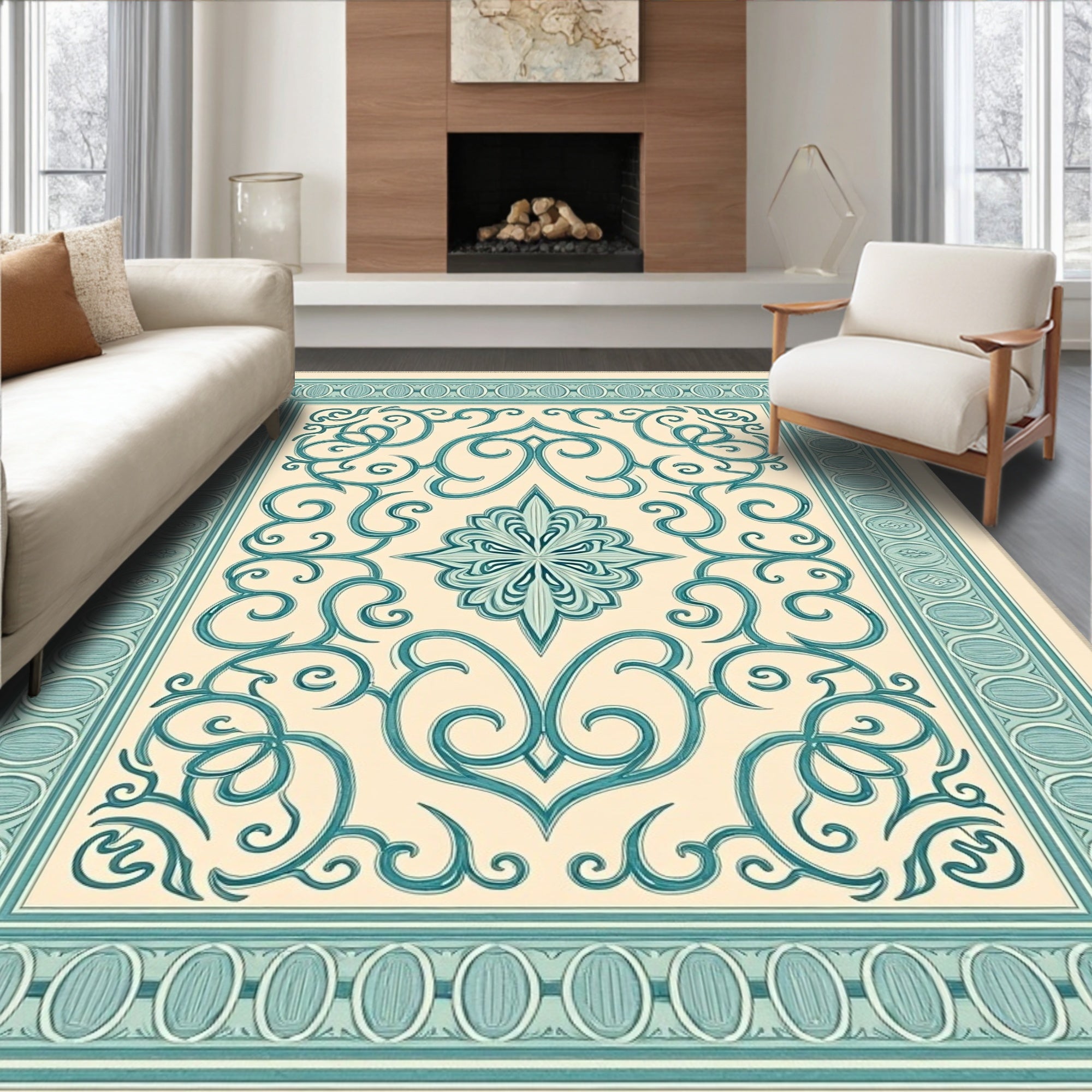 Teal Scrolling Vine Medallion Cream Rug