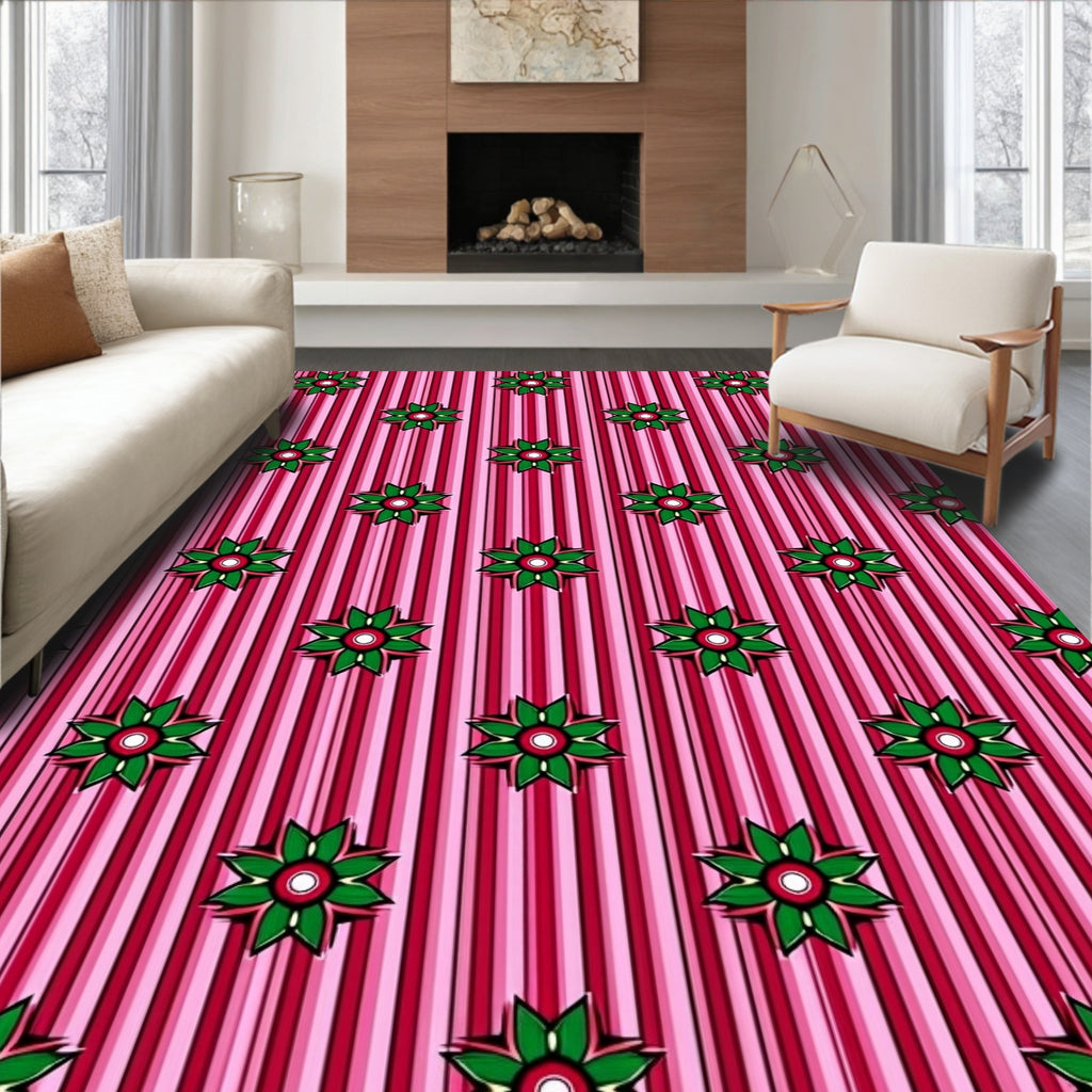 Rose Pink Striped Floral Medallion Rug