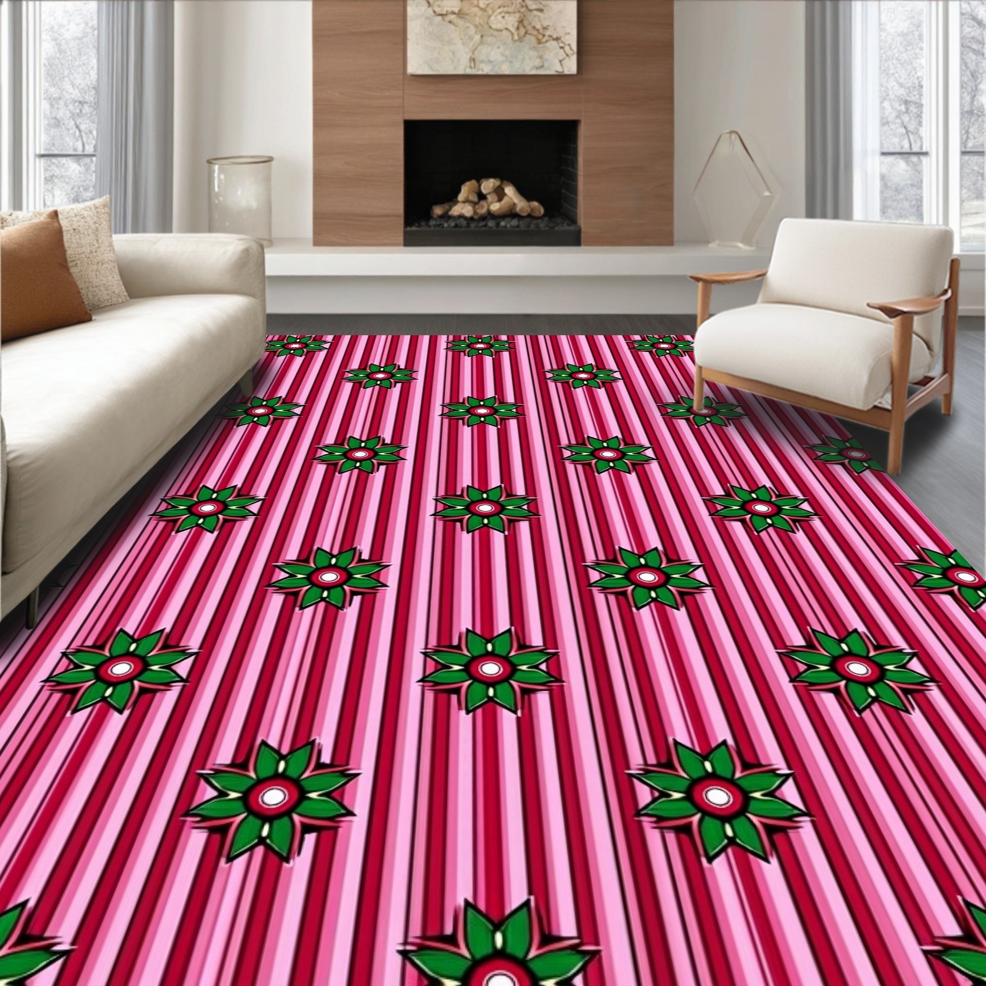 Rose Pink Striped Floral Medallion Rug