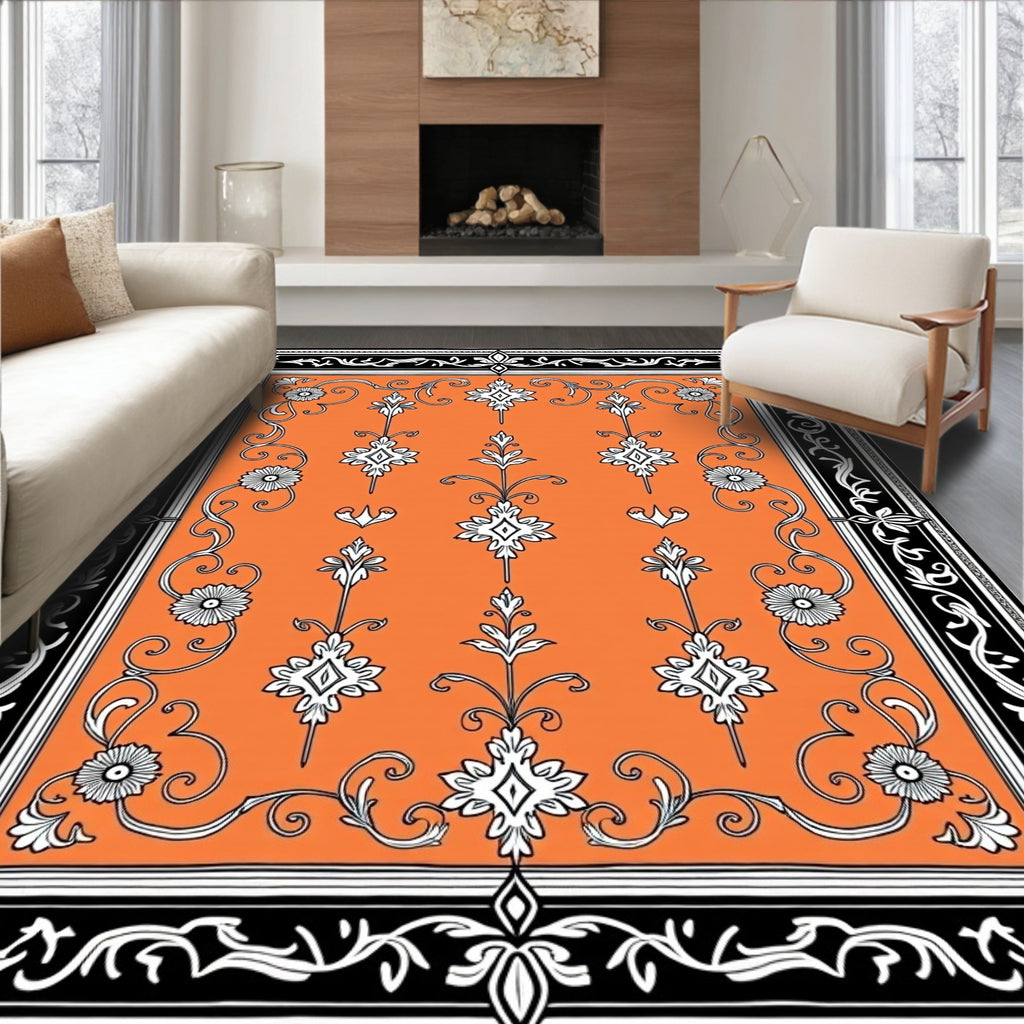 Orange Ivory Floral Scroll Border Rug