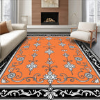 Orange Ivory Floral Scroll Border Rug