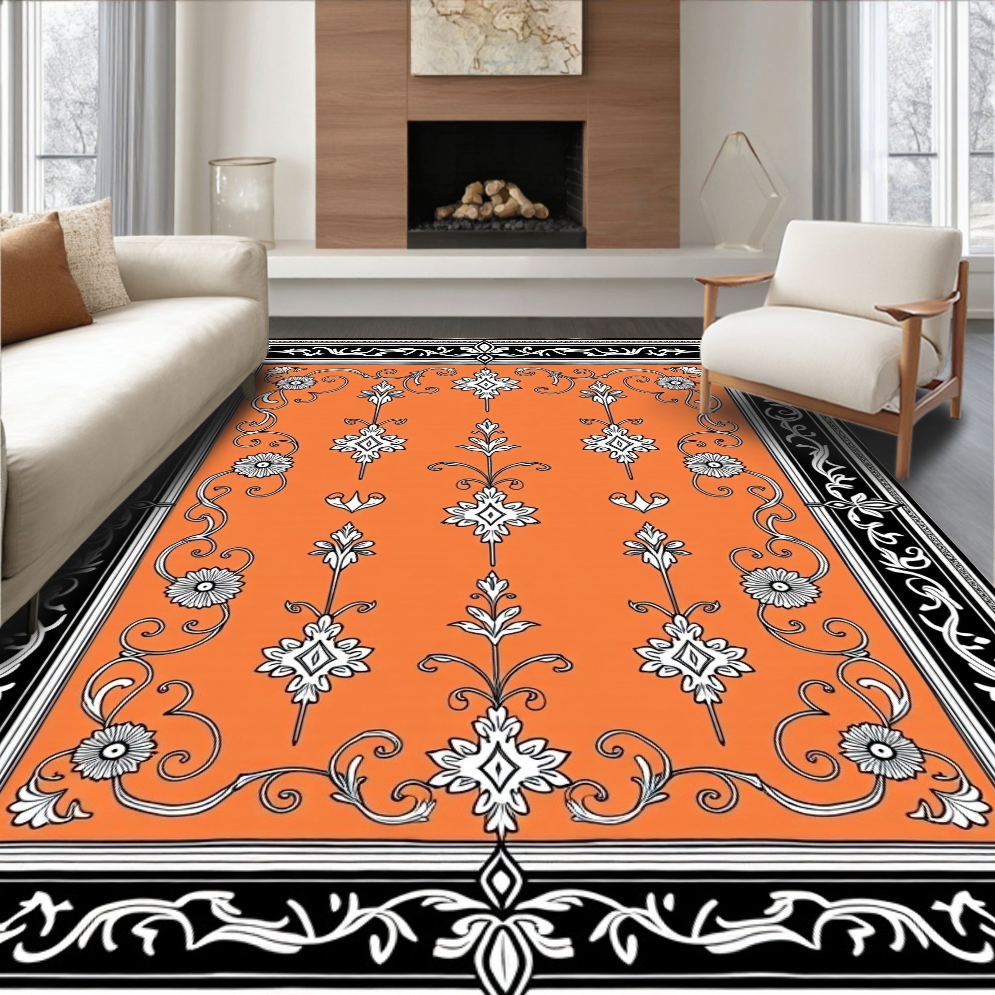 Orange Ivory Floral Scroll Border Rug