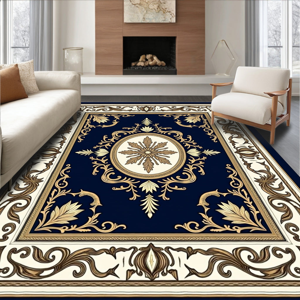 Classic Navy Gold Floral Medallion Rug