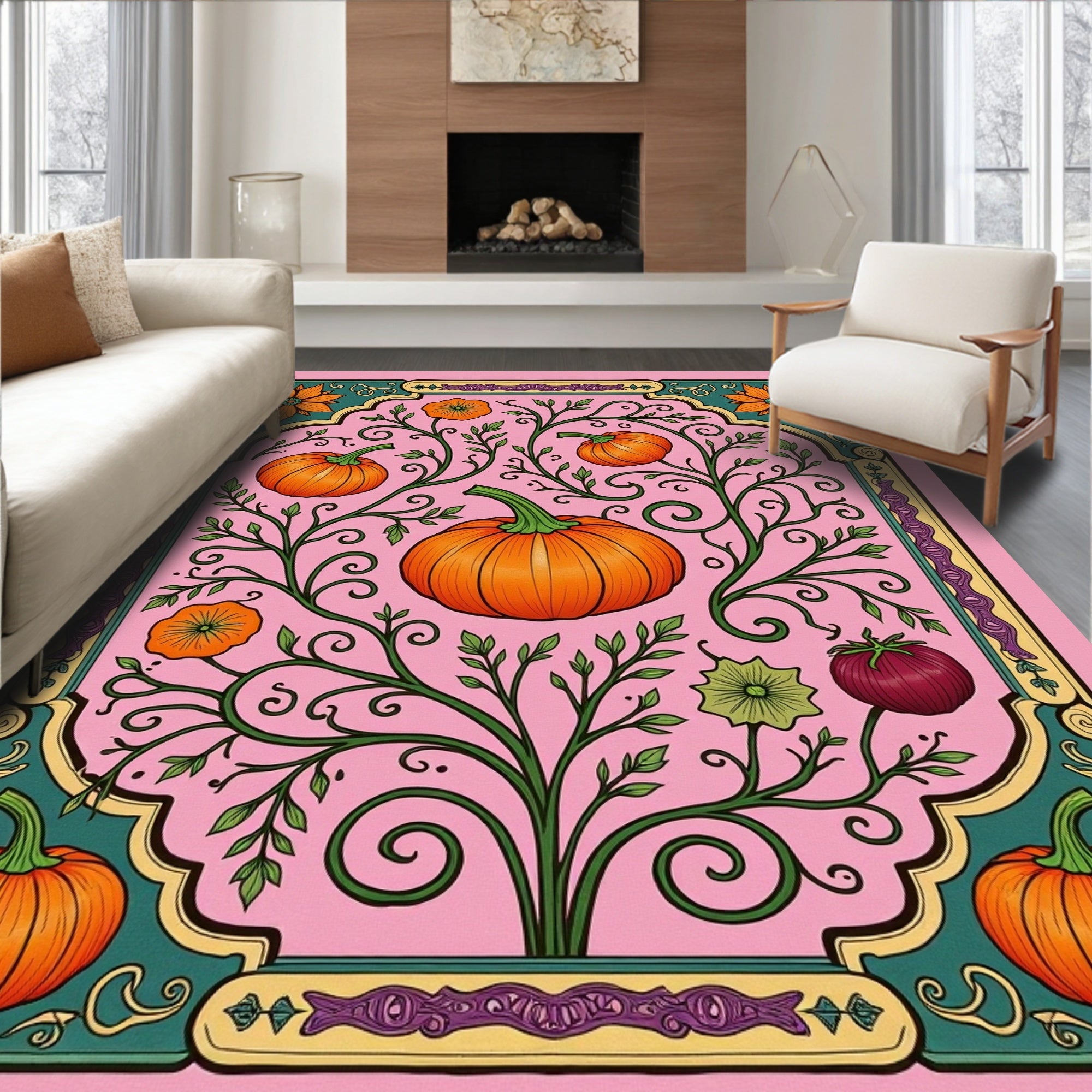 Pink Pumpkin Vine Floral Border Rug