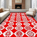 Vibrant Red Geometric Emblem Collage Rug