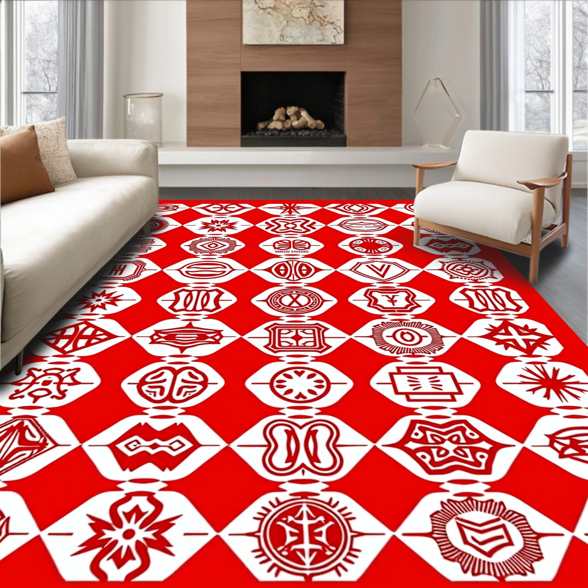 Vibrant Red Geometric Emblem Collage Rug