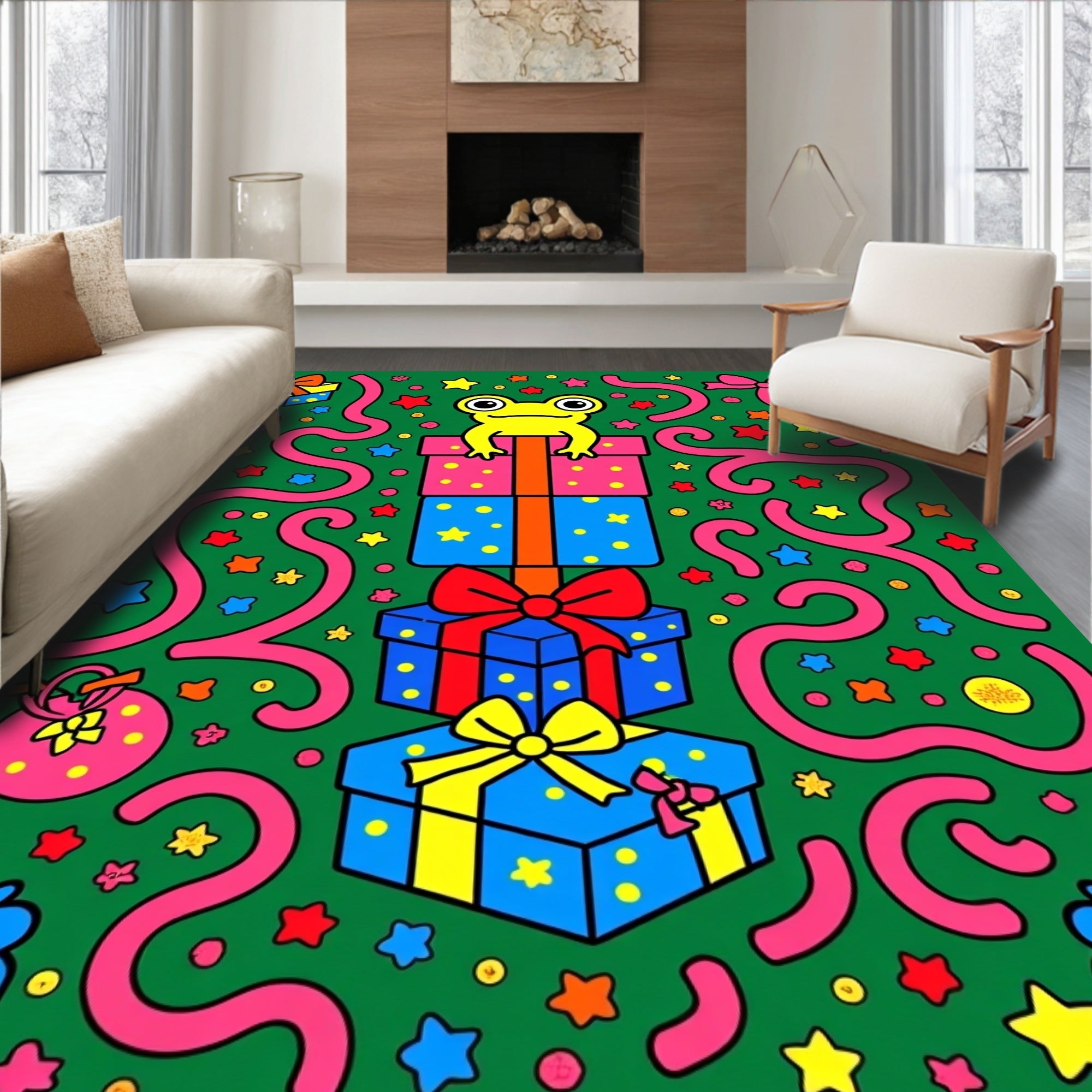 Cute Yellow Frog Stacked Gifts Ribbons Rug