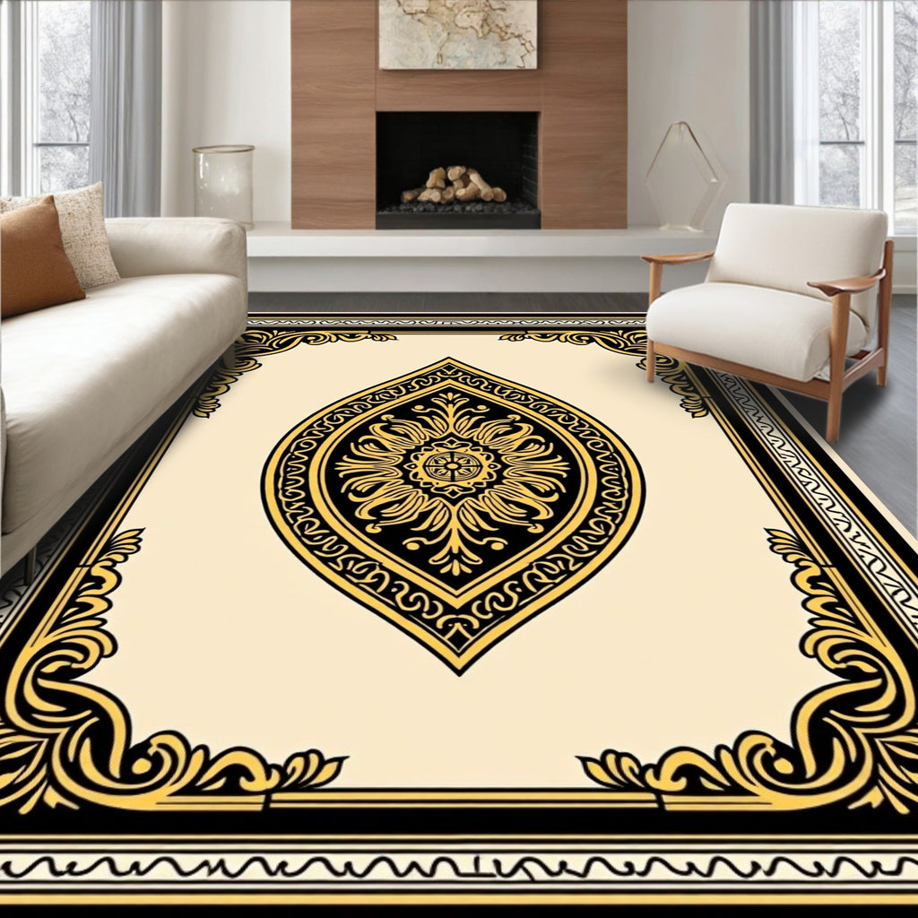 Elaborate Gold Leaf Scrollwork Border Rug