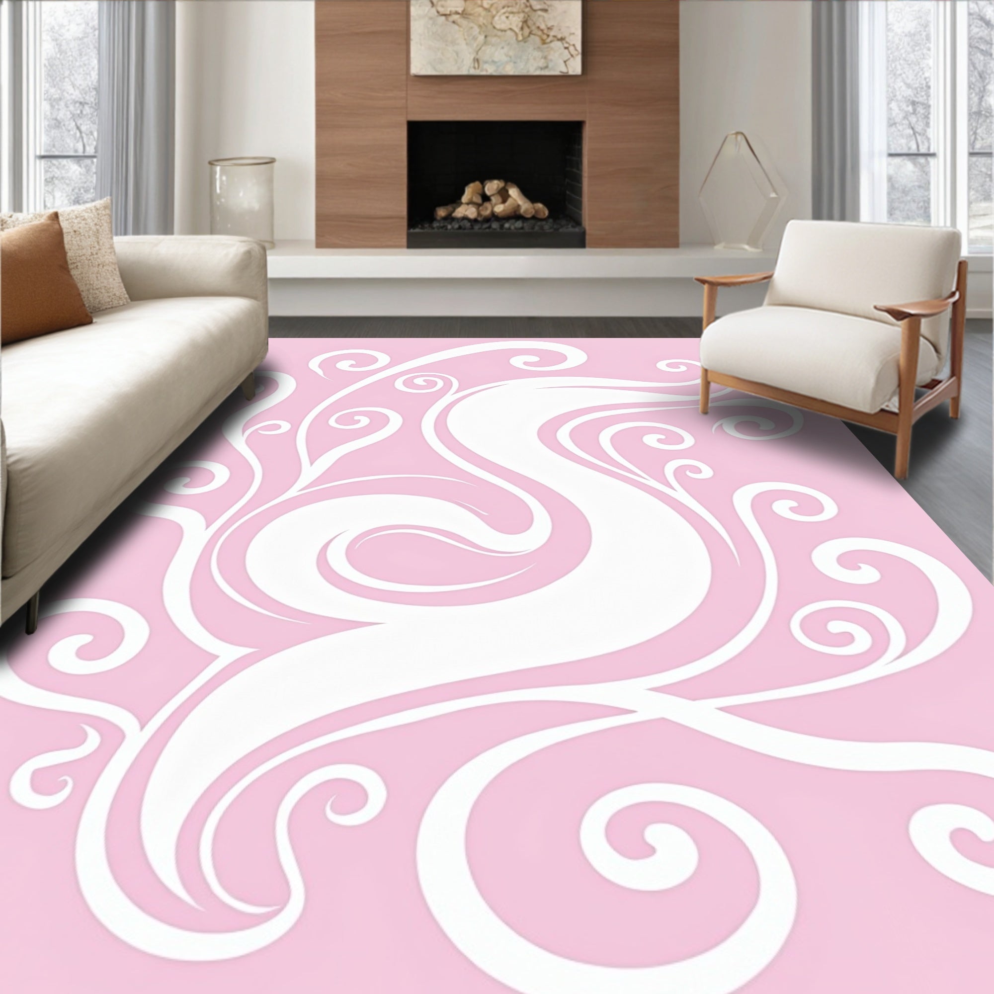 Whimsical White Swirls on Pink Rug