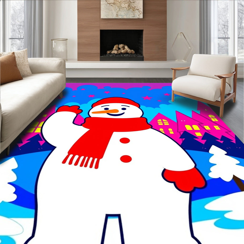 Whimsical Snowman Festive Village Scene Rug