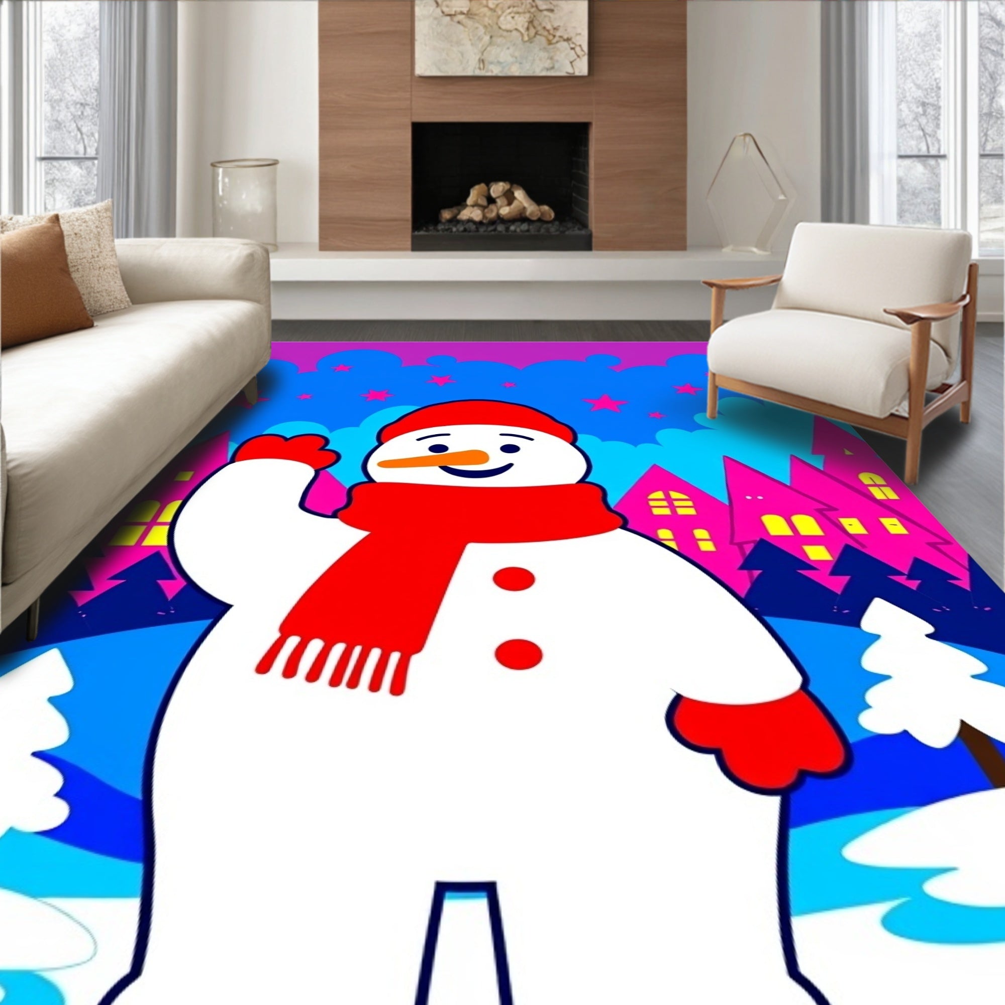 Whimsical Snowman Festive Village Scene Rug