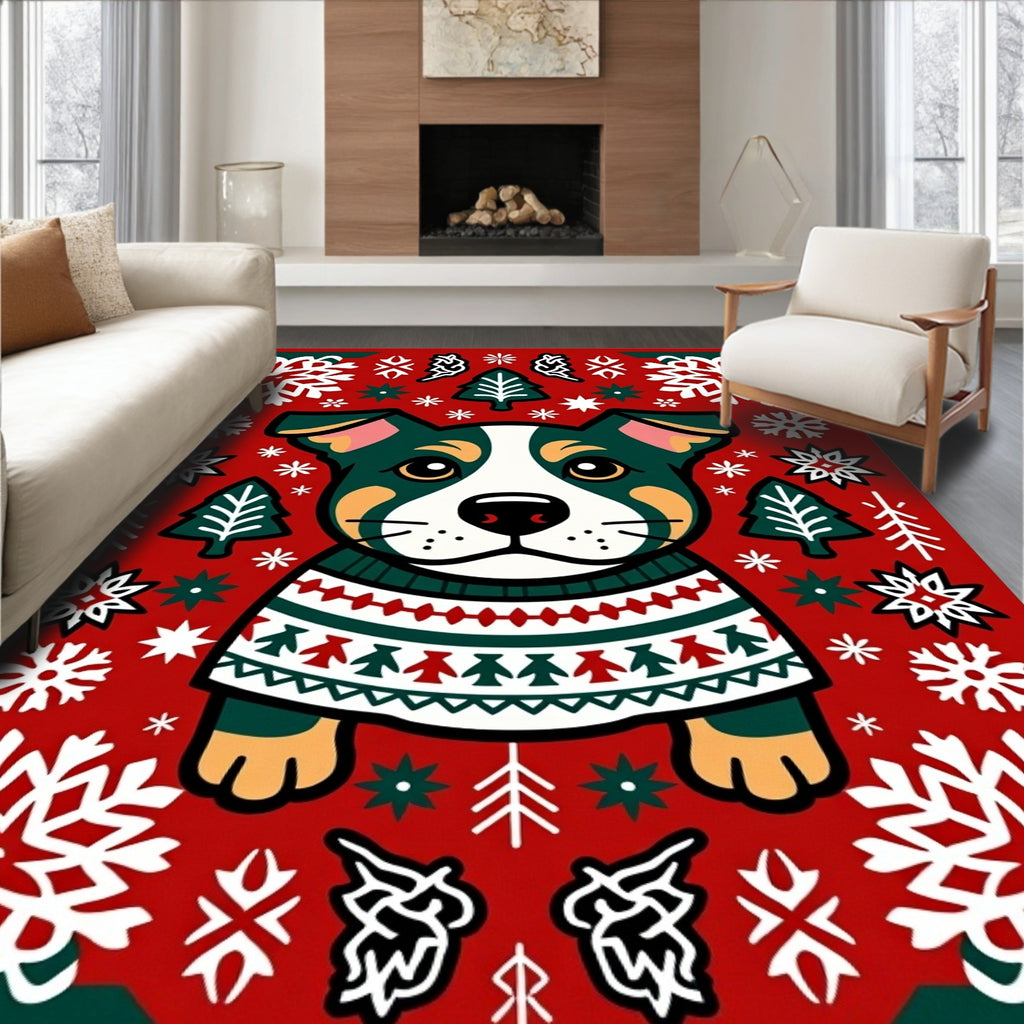 Festive Dog Winter Sweater Snowflake Trees Rug