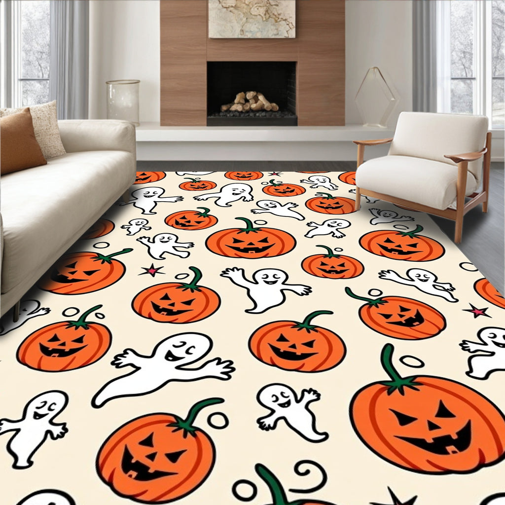 Spooky Pumpkin Ghost Orange Halloween Rug