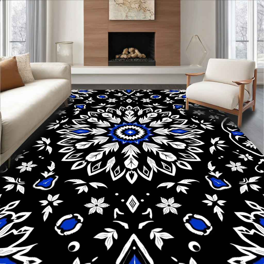 Bold Cobalt Black Mandala Bloom Rug