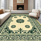 Dark Green Floral Medallion Cream Rug