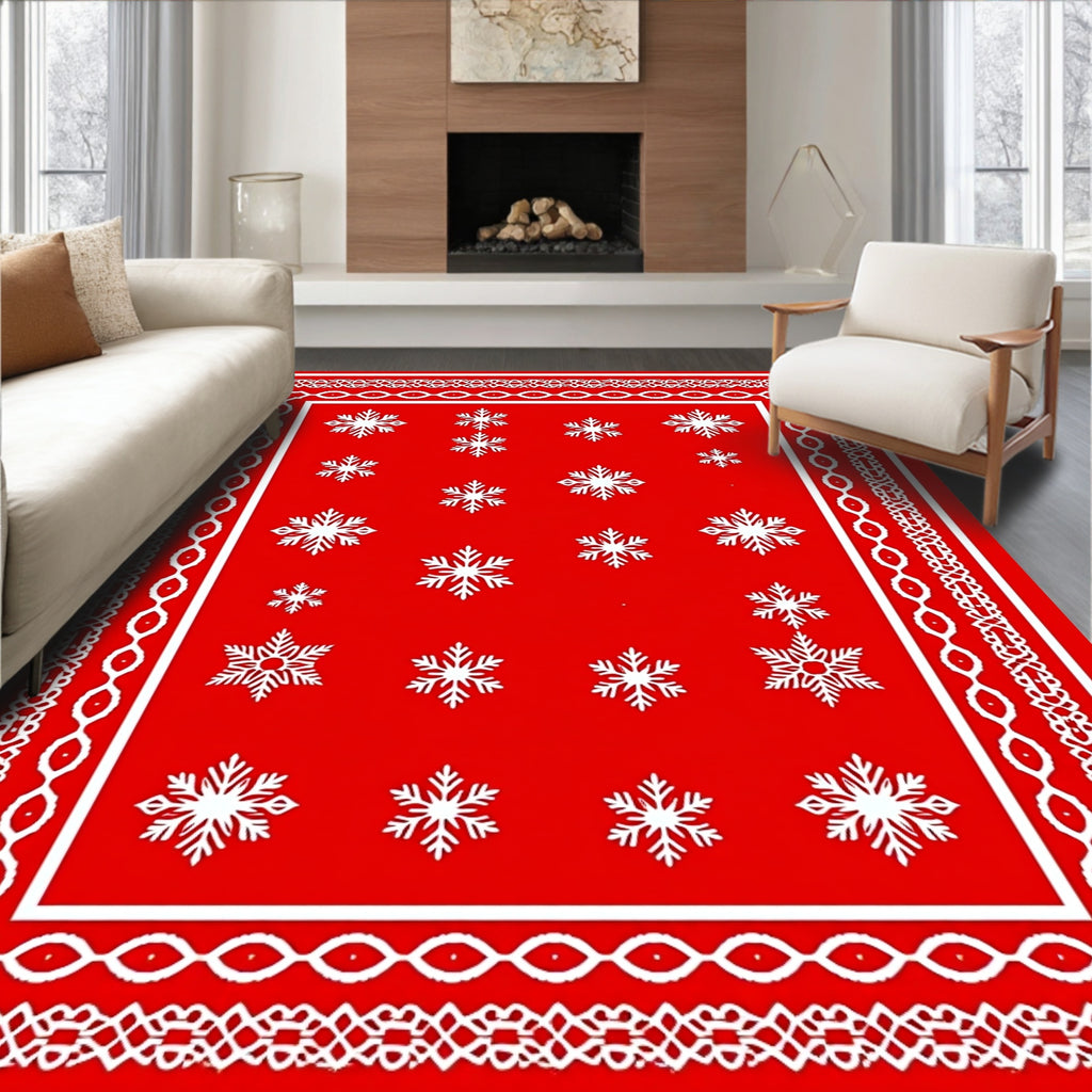 Red White Snowflake Ornate Border Rug