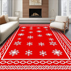 Red White Snowflake Ornate Border Rug