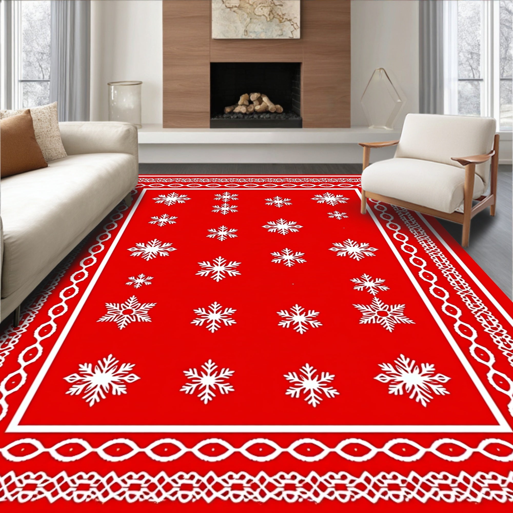 Red White Snowflake Ornate Border Rug