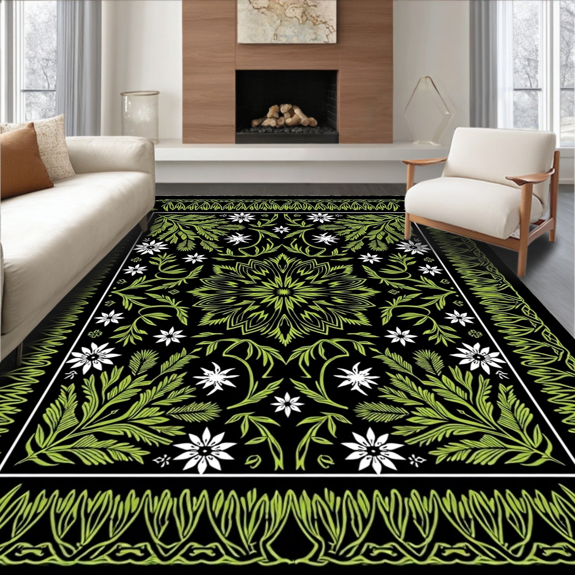 Lush Green White Floral Medallion Rug
