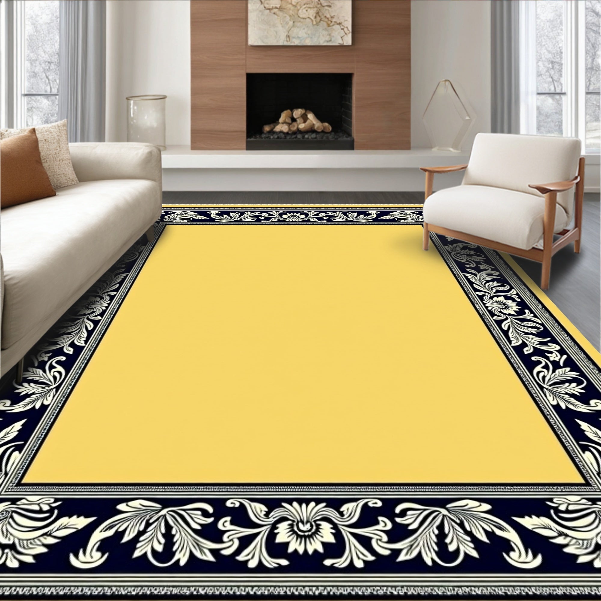 Golden Yellow Black Floral Border Rug