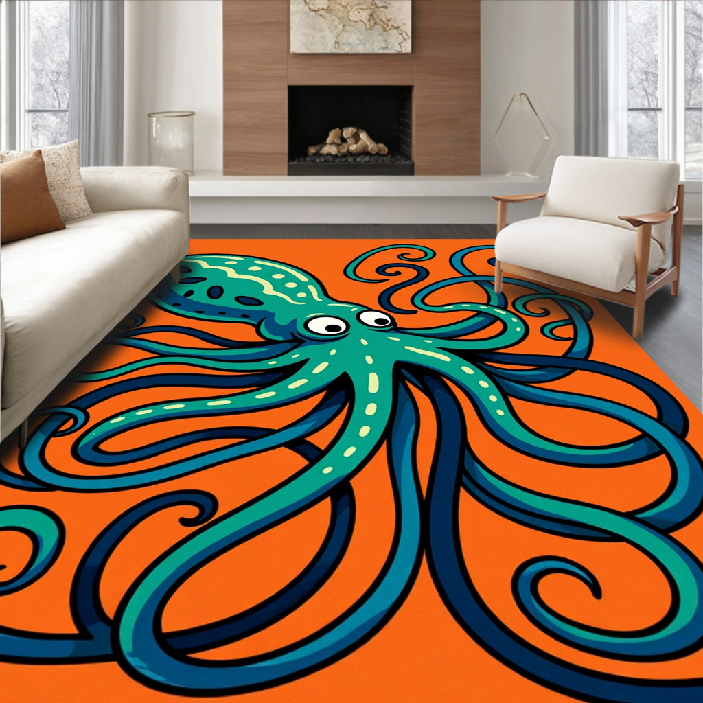 Teal Octopus With Whimsical Swirls Rug