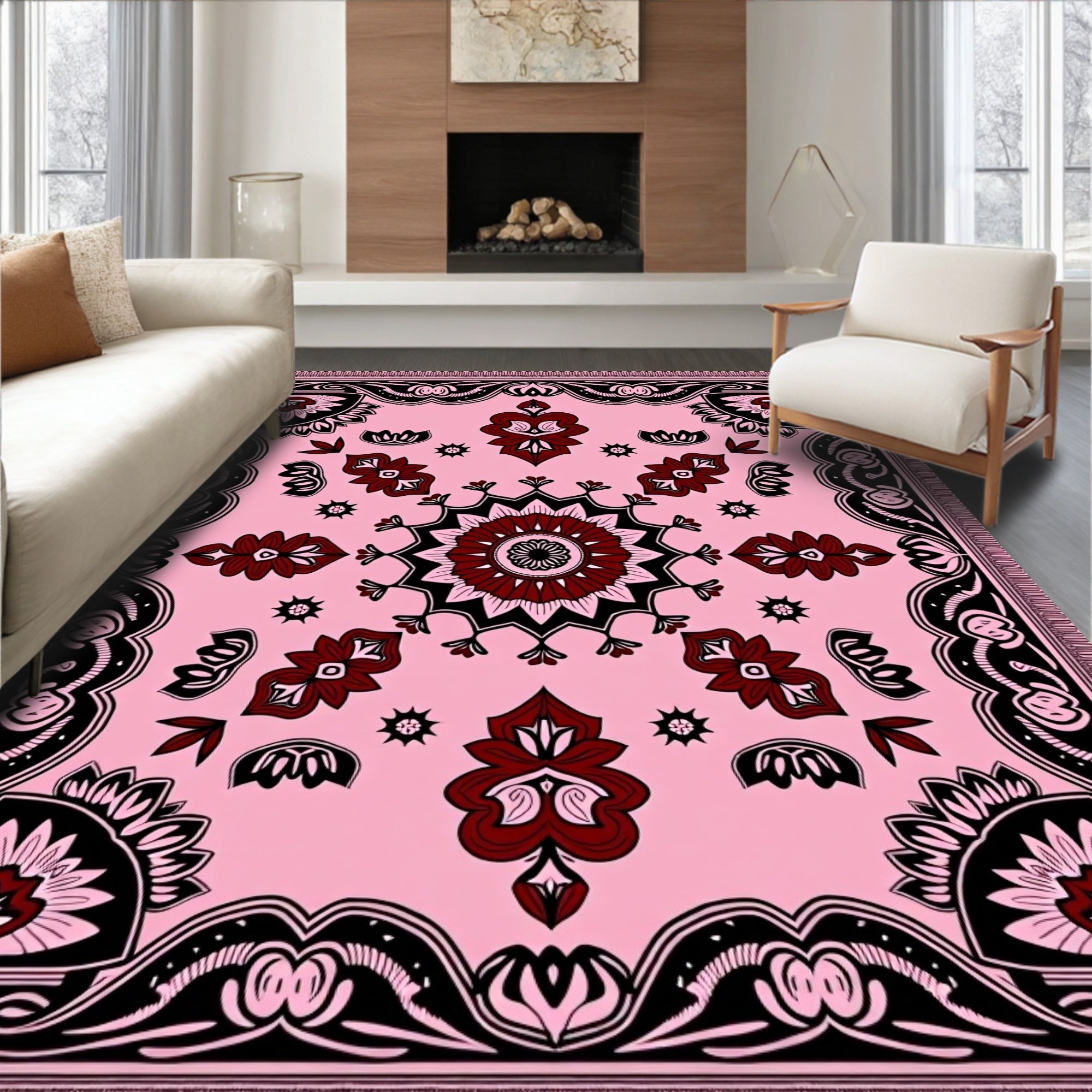 Pink Crimson Floral Medallion Mandala Rug
