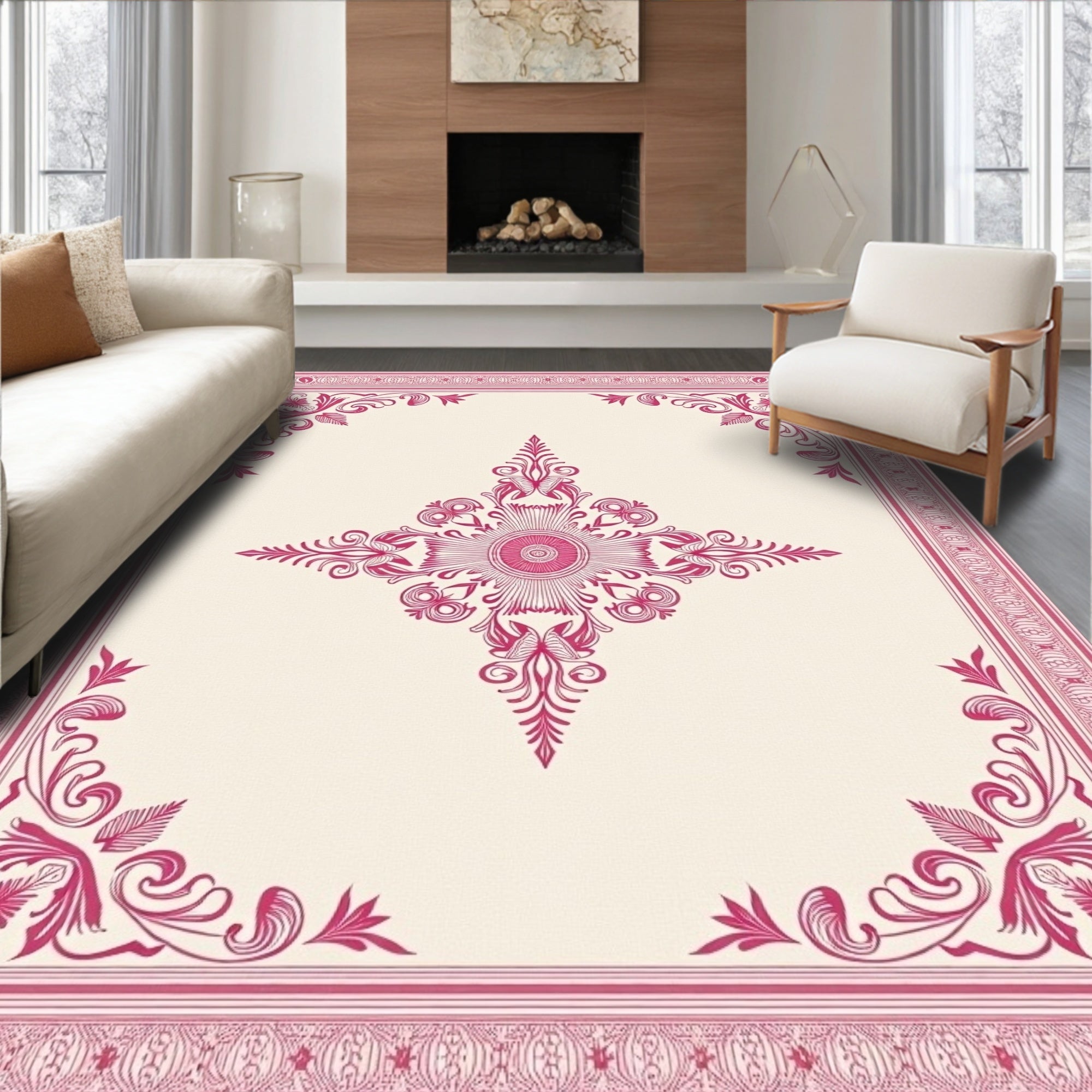Ornate Pink Floral Medallion Border Rug