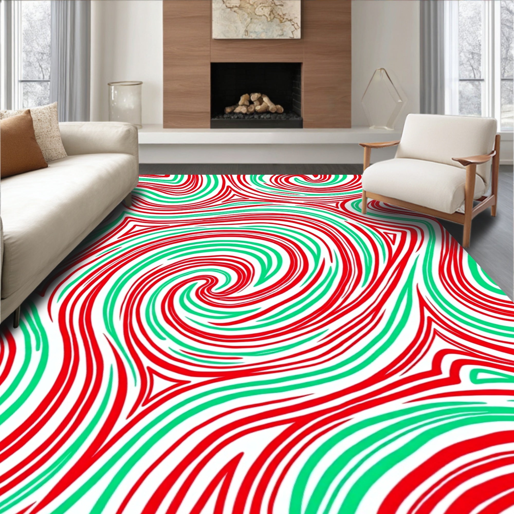 Crimson Green Swirl Ribbon Rug