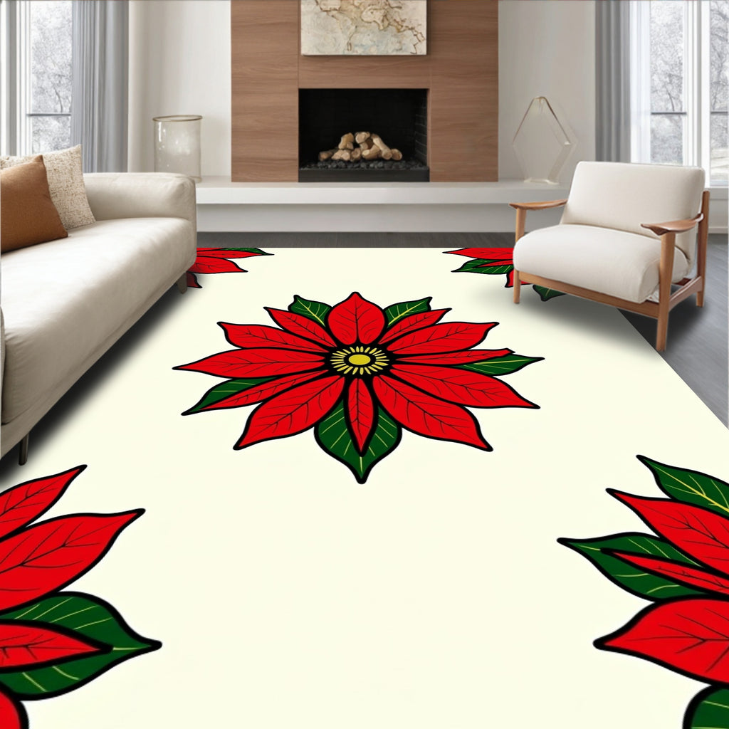 Vibrant Red Poinsettia Border Rug