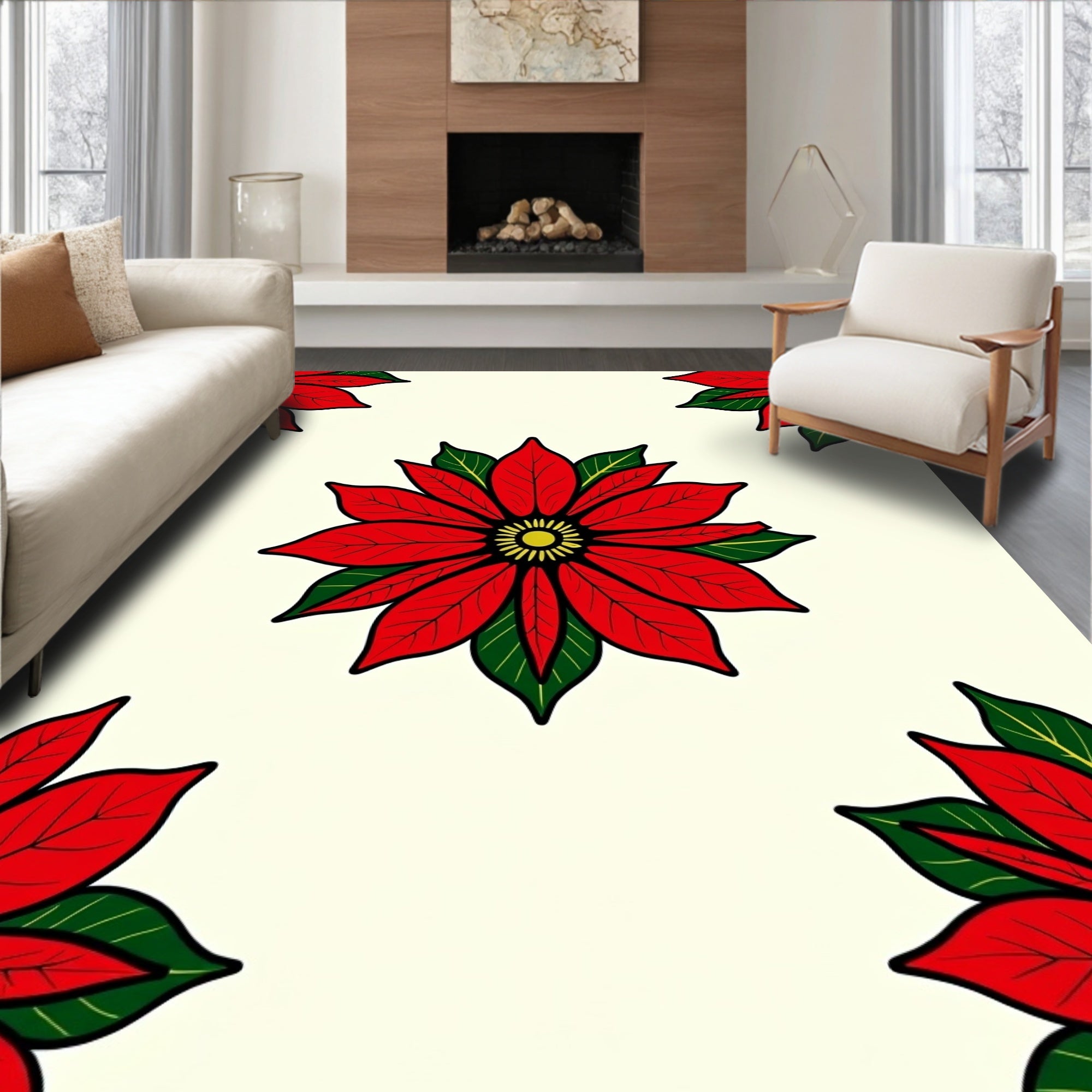 Vibrant Red Poinsettia Border Rug