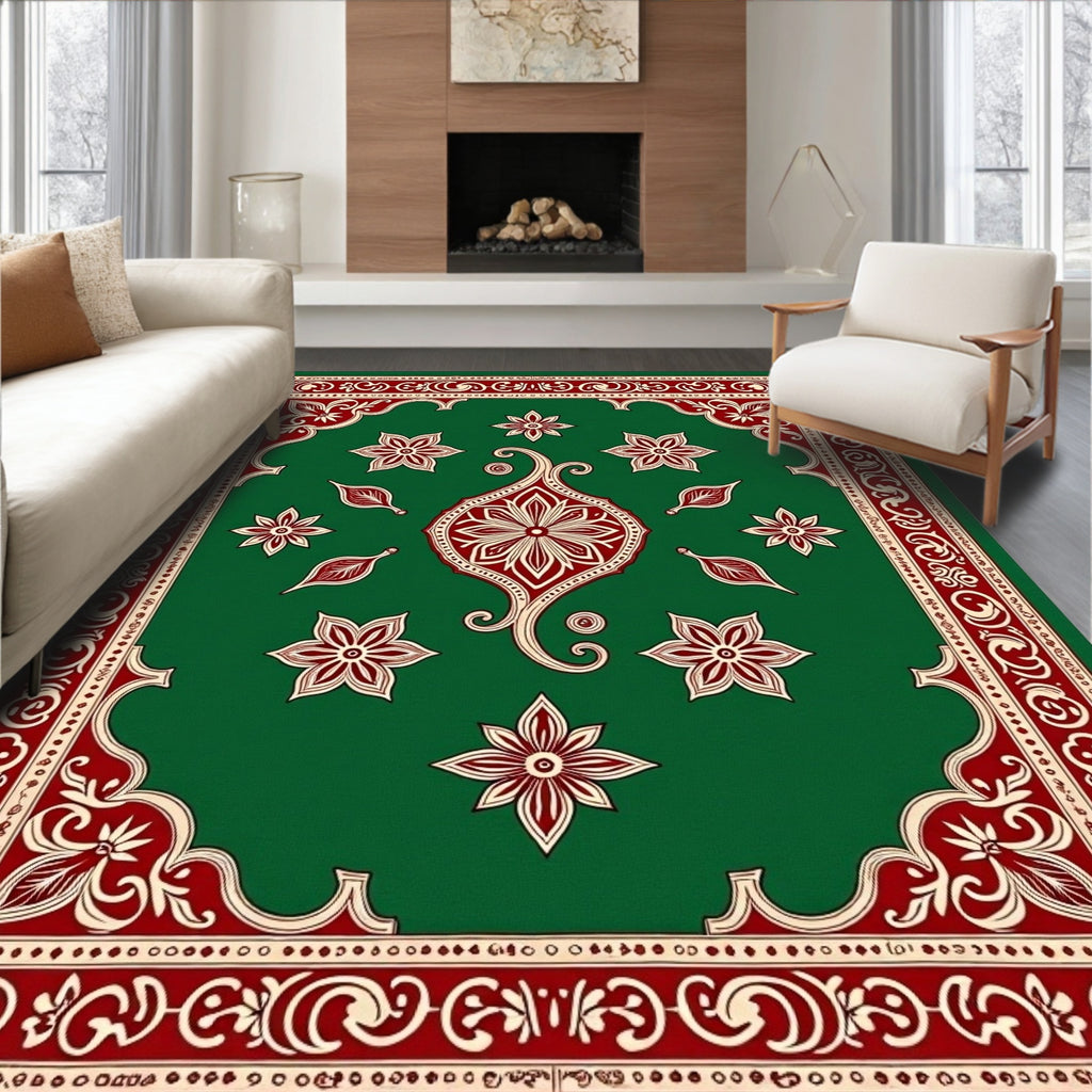 Crimson Green Floral Arabesque Border Rug
