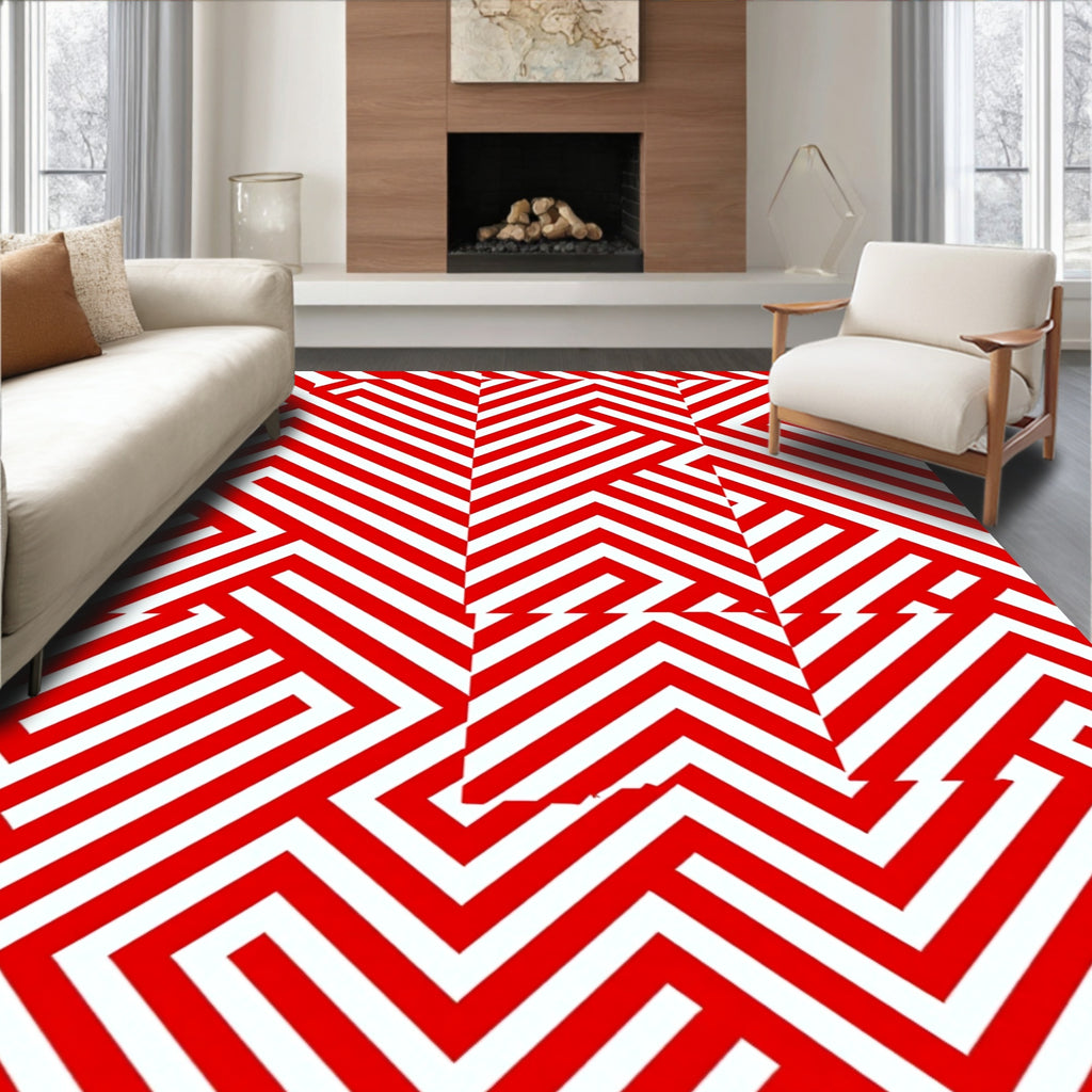 Red And White Geometric Maze Rug