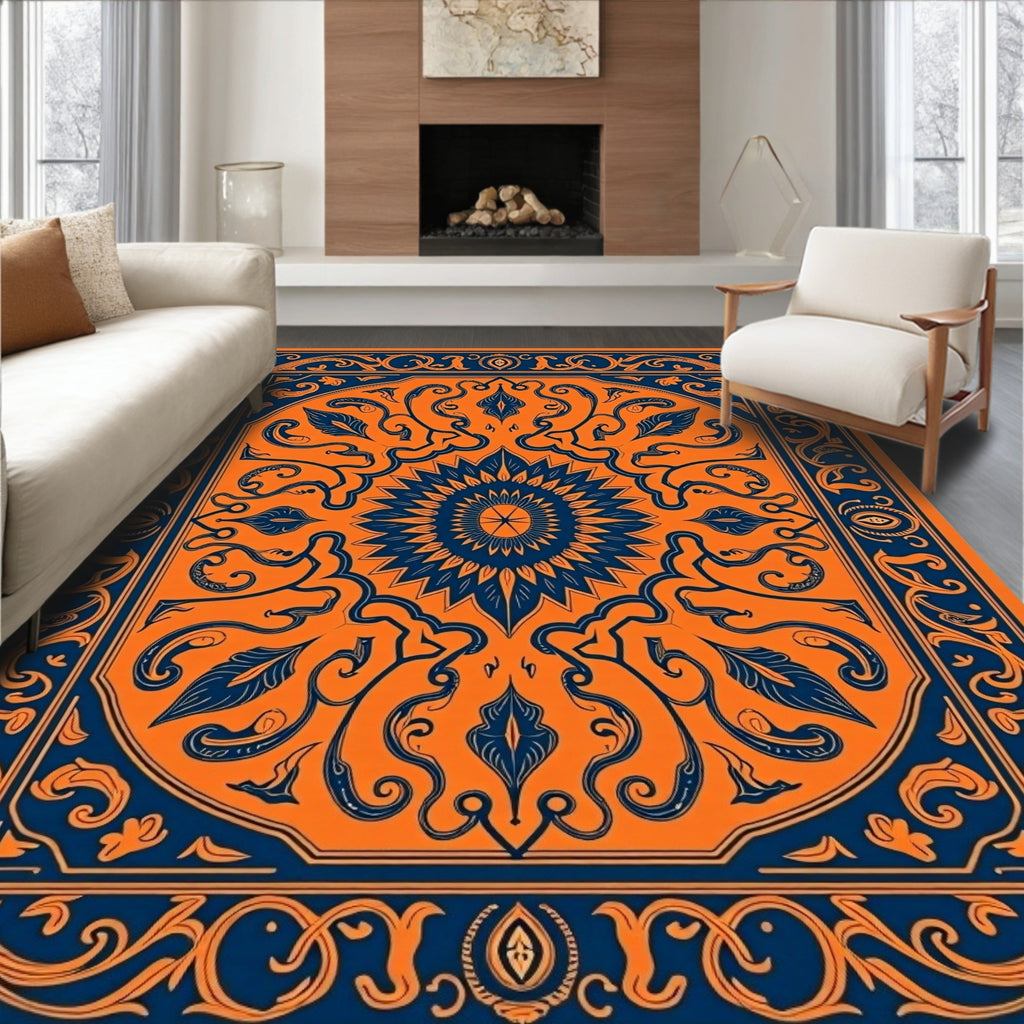 Orange Navy Floral Sunburst Medallion Rug