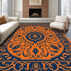 Orange Navy Floral Sunburst Medallion Rug