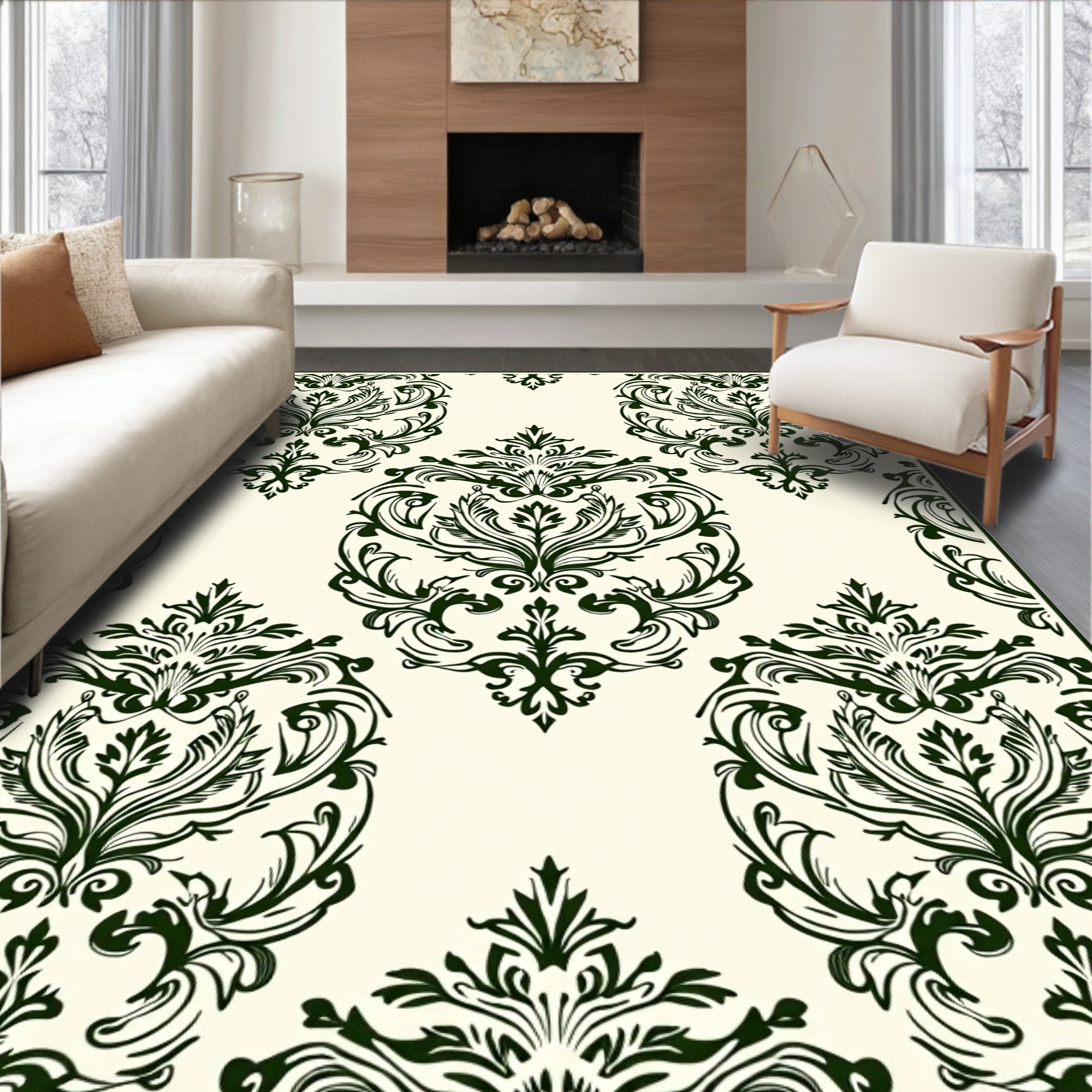 Deep Forest Green Damask Scroll Rug