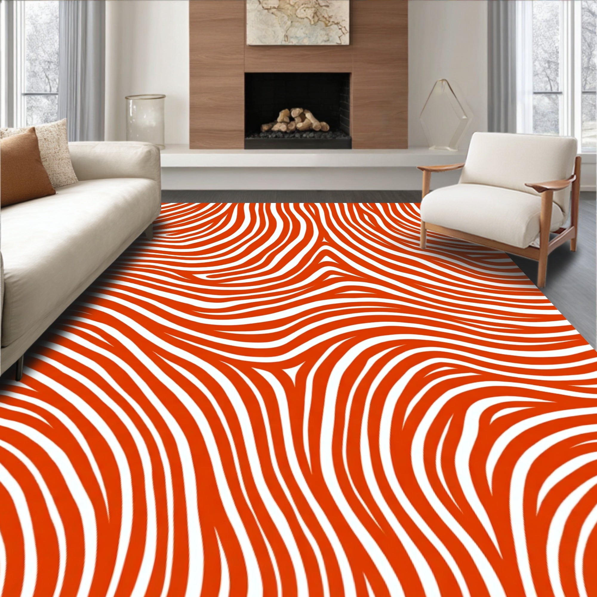 Vibrant Orange Swirl Line Art Rug