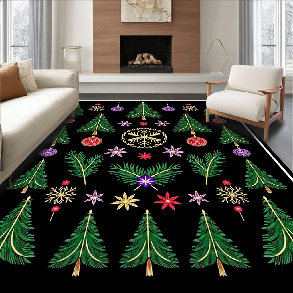 Holiday Green Trees Snowflake Ornaments Rug