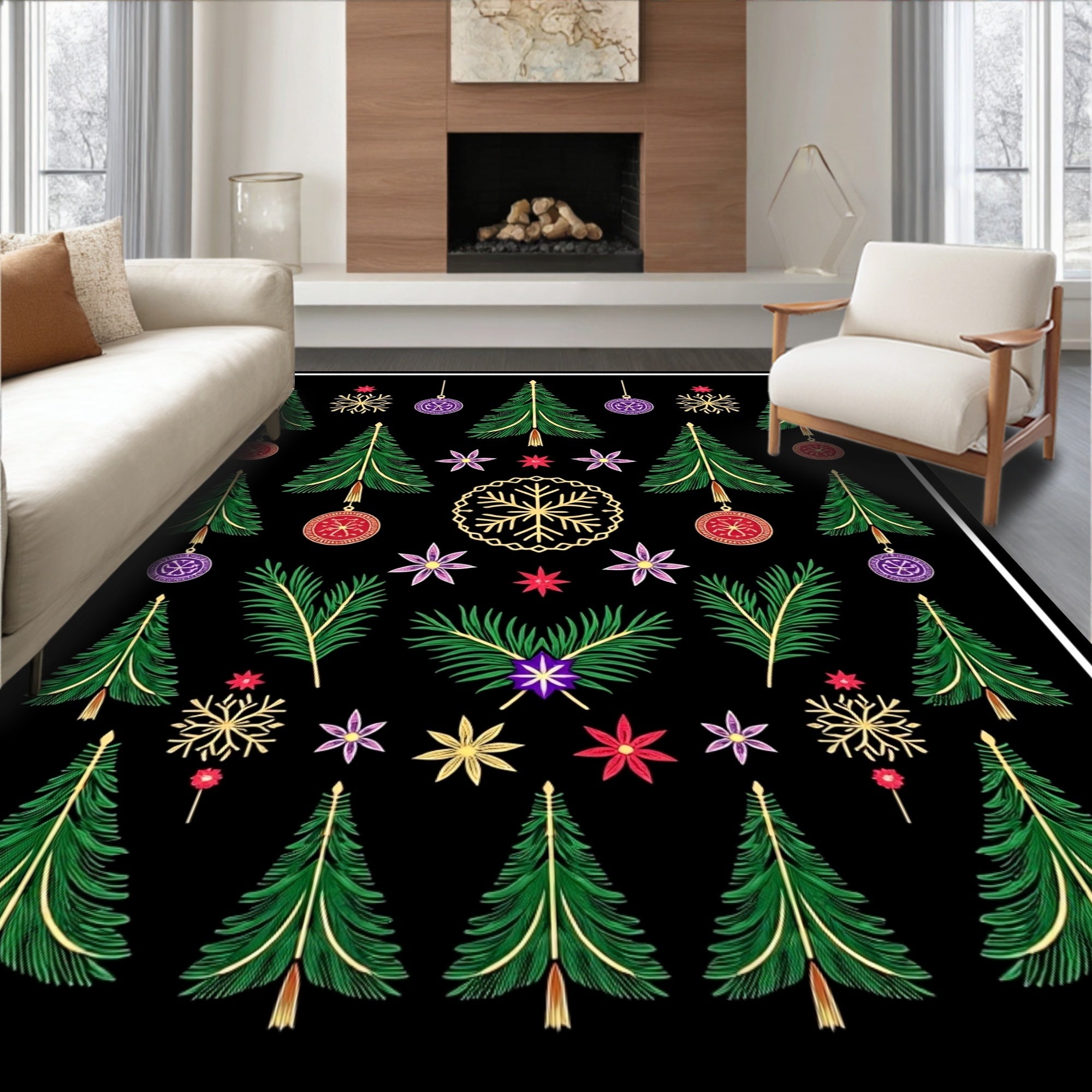 Holiday Green Trees Snowflake Ornaments Rug