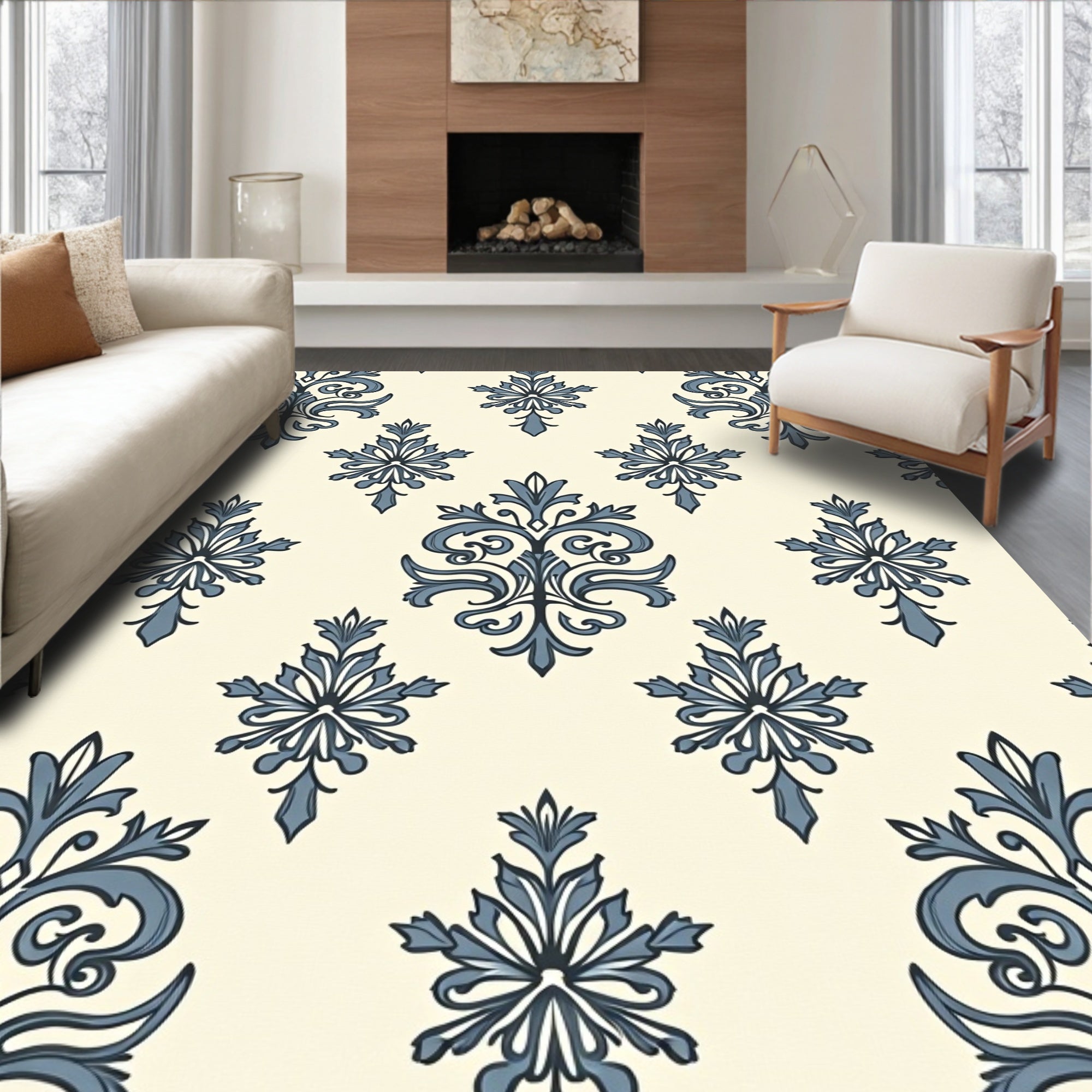 Classic Blue Damask Swirl Repeat Rug
