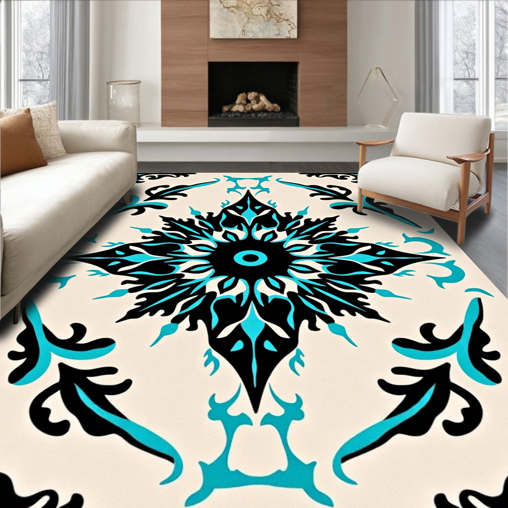 Bold Black Teal Floral Medallion Rug
