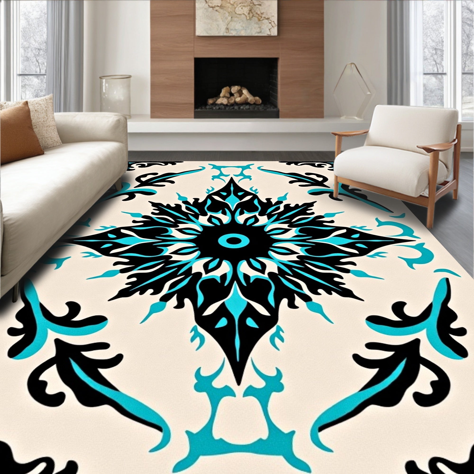Bold Black Teal Floral Medallion Rug