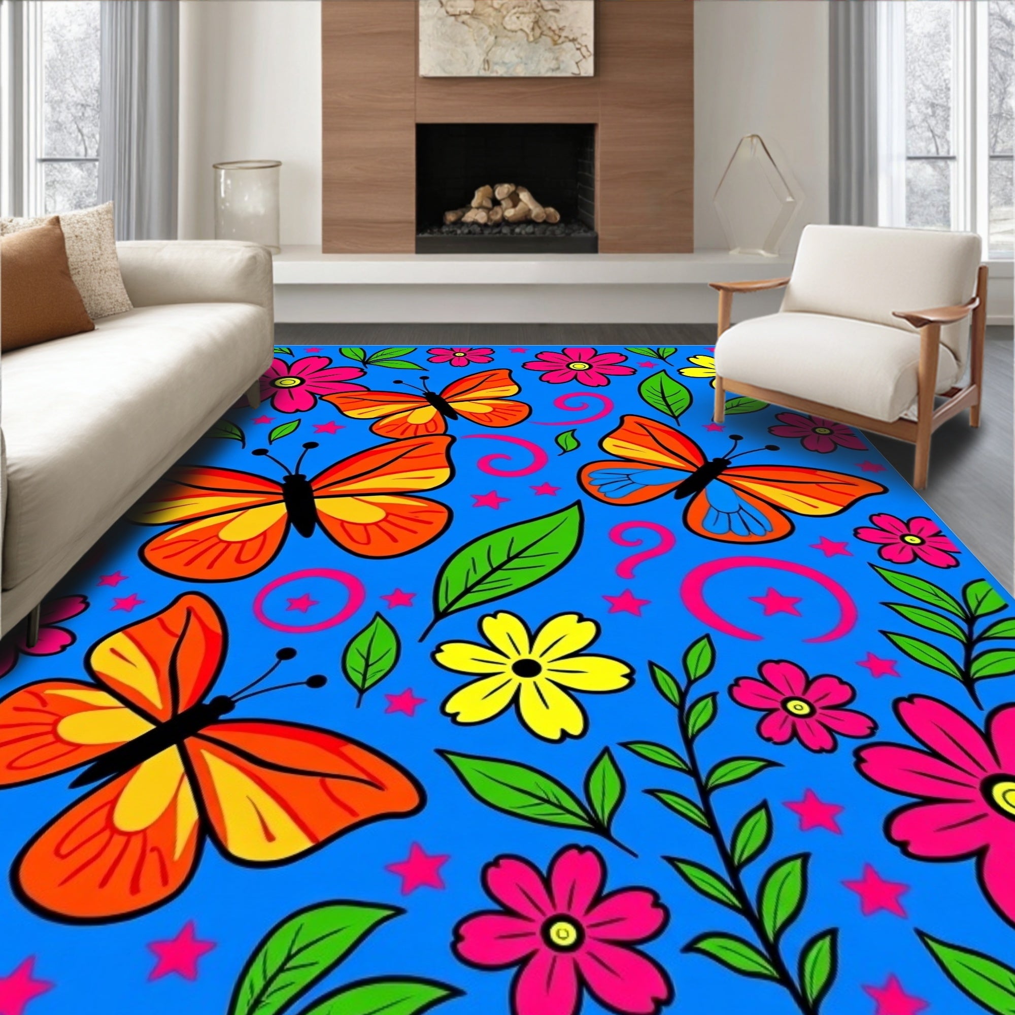 Vibrant Orange Butterfly Flower Garden Rug