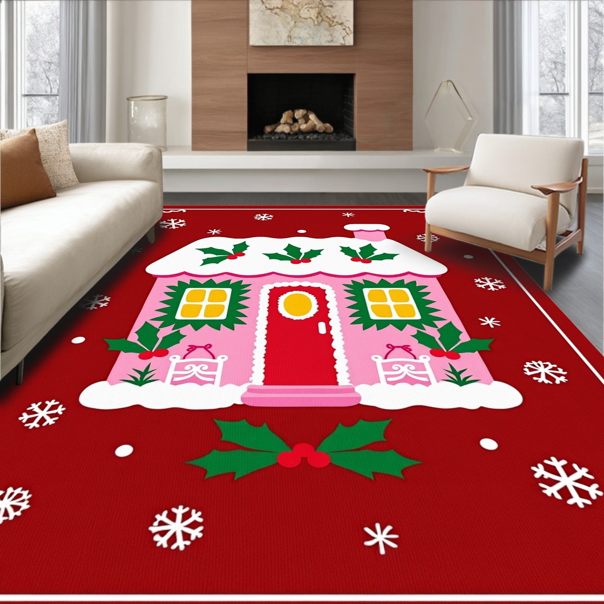 Whimsical Pink Gingerbread House Christmas Rug