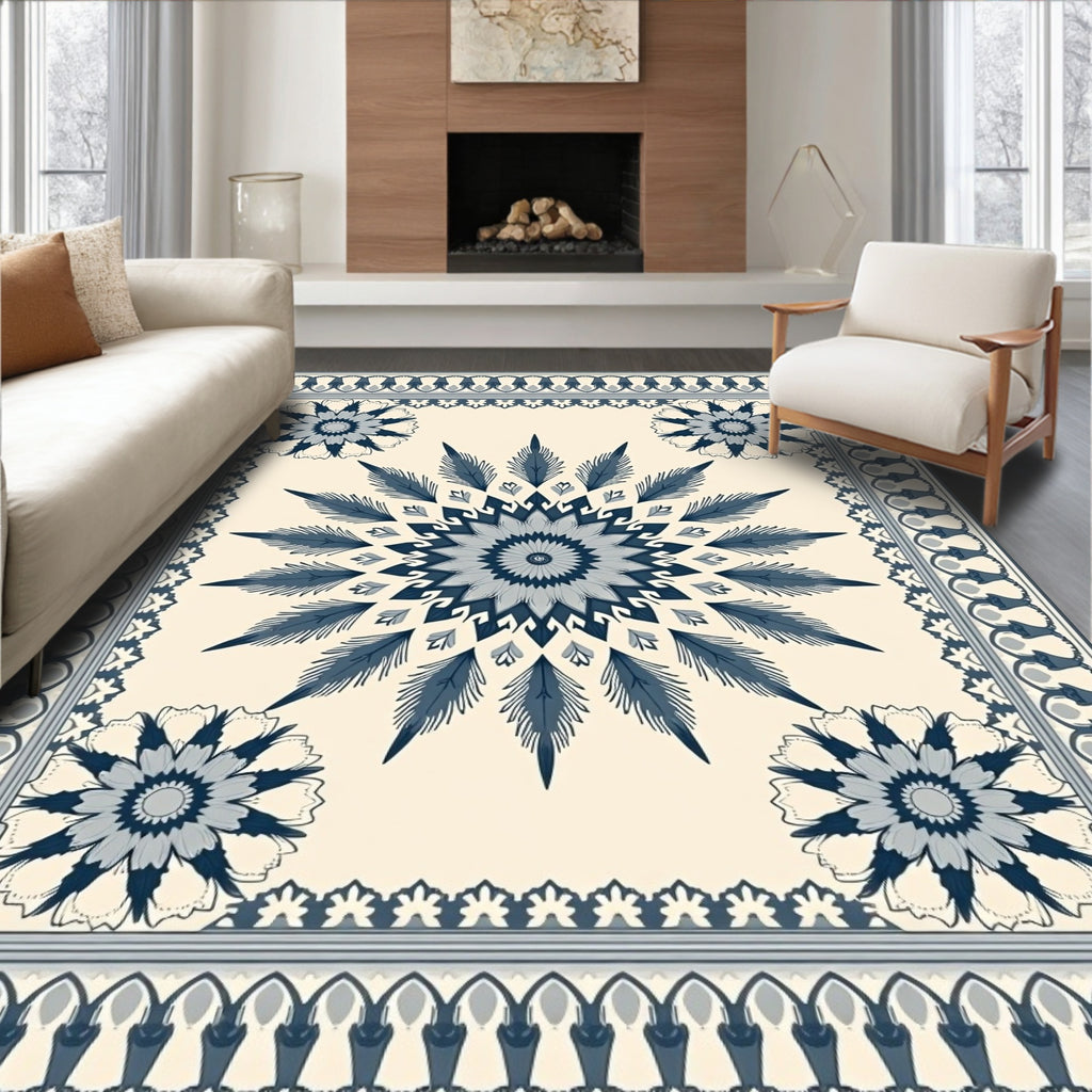 Navy Blue Sunburst Floral Medallion Rug