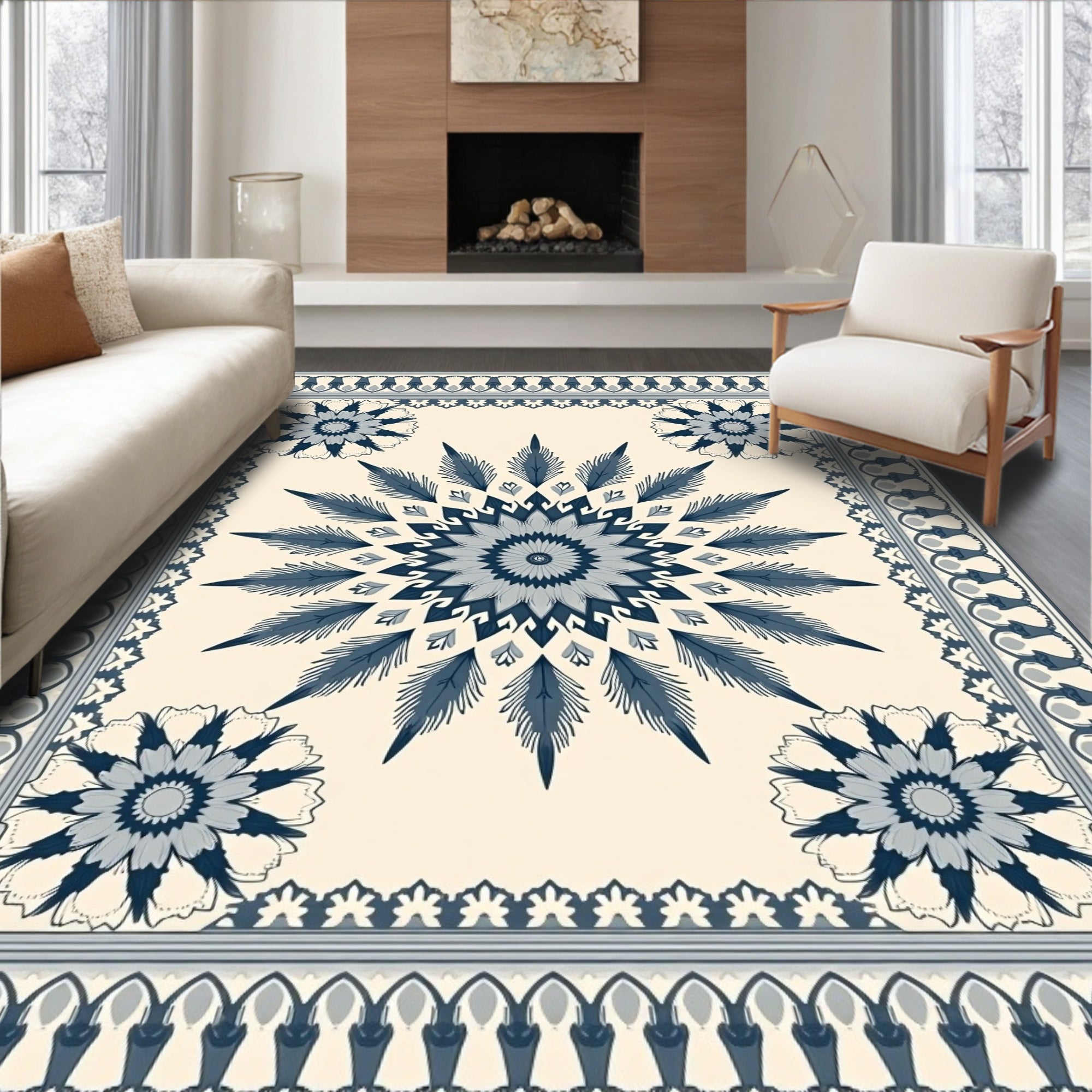 Navy Blue Sunburst Floral Medallion Rug