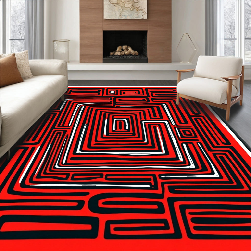 Bold Crimson Grid Labyrinth Rug