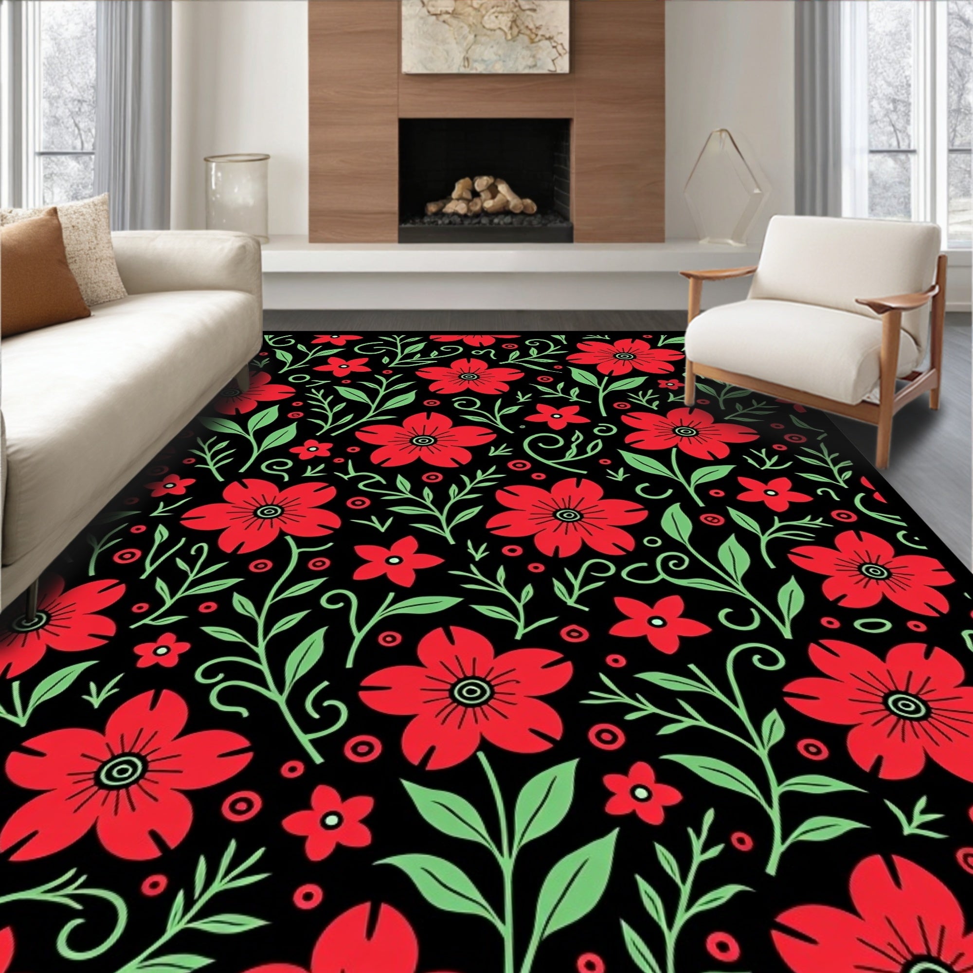 Crimson Red Floral Garden Motif Rug