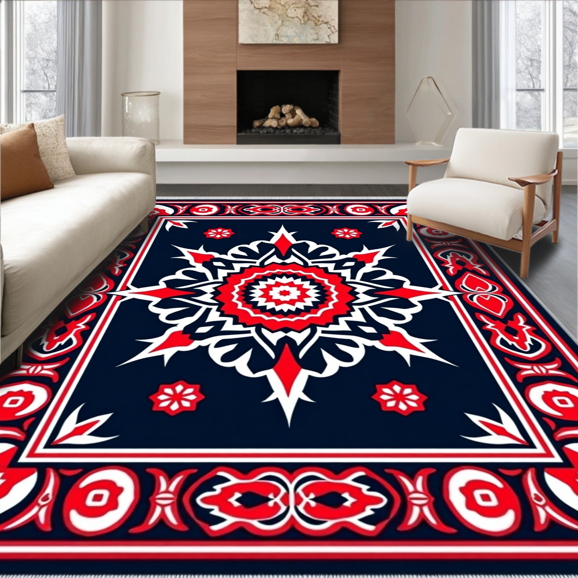 Bold Red White Mandalas Navy Rug